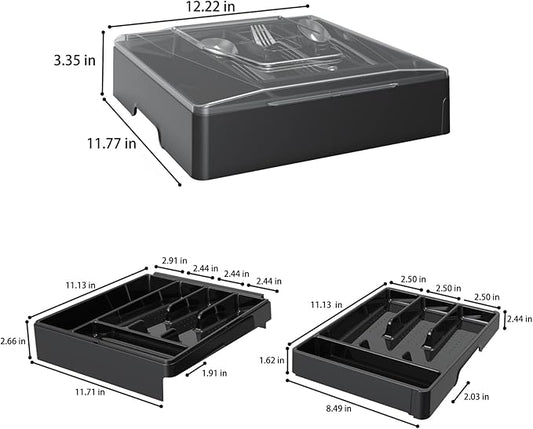 Double Layer Silverware Tray with Lid, Utensil Holder for Countertop Flatware Organizer for Kitchen Drawers with 2 Tier Cutlery Tray and 9 Compartments Silverware Storage Bin (Black)