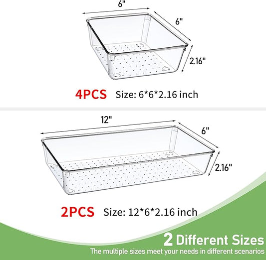 6 PCS Large Size Clear Plastic Drawer Organizer Tray, 12'' Acrylic Vanity Bathroom Drawer Organizers Trays, Desk Drawer Organizer Bins for Cosmetic, Makeup, Kitchen, Office Drawer Divider Organization