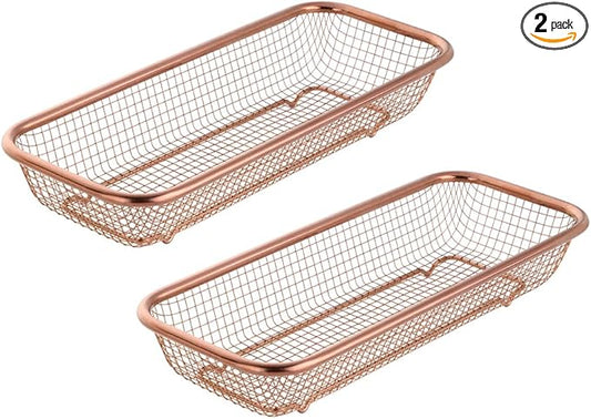 Kitchen Flatware Drawer Organizer, 2pcs Stackable Mesh Cabinet Storage Basket, Stainless Steel Kitchen Utensils Filter Drying Rack Holder for Knives, Fork, Spoon Chopsticks (Rose Gold)