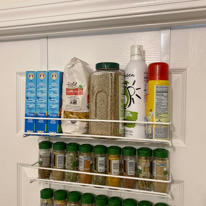 Evelots Over the Door Pantry Organizer -5 Tier Spice Rack -Holds up to 64 Spices & More - Adjustable Metal Baskets for Kitchen, Bathroom Storage & Organization (White) Easy Install Extra Deep Baskets