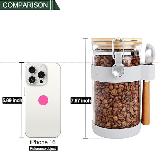 KKC HOME ACCENTS Airtight Clear Glass Coffee Bean Storage Container with Scoop,Glass Sealed Jar Canister with Bamboo Clamp Lid for Ground Coffee,Loose Tea,Brown Sugar,Nut,40 Fluid Ounce