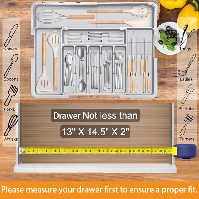 Silverware Drawer Organizer for Kitchen, Adjustable Utensil Drawer Organizer with 2 Knife Block, BPA Free Flatware and Cutlery Holder, Expandable Plastic Storage for Spoons Forks Knives(Grey)