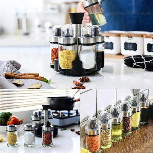 Mlici 6pc Rotating Glass Spice Jars with Base, Oil Vinegar Dispenser Set for Kitchen Countertop Storage, Space-Saving Seasoning Containers for Salt, Pepper and Olive Oil