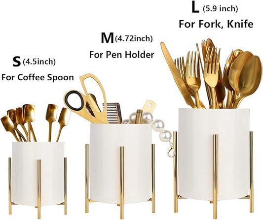 Coffee Spoon Holder,White Ceramic Silverware Caddy With Golden Metal Frame Chic & for Coffee Bar