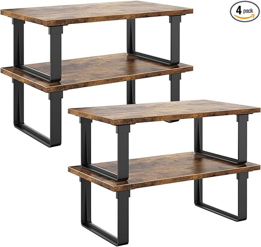 Cabinet Shelf Organizers, Set of 4 Stable Kitchen Counter Shelves, Stackable Expandable Spice Racks, Wood Anti-Slip Kitchen Organizers and Storage, Easy to Assemble, Rustic Brown