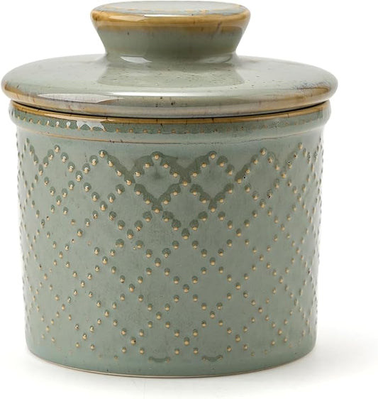 XELA - Ceramic Butter Crock - Butter Dish with Lid for Countertop - Keep Your Butter Perfectly Spreadable 24/7 - Embossed - Vintage Turquoise
