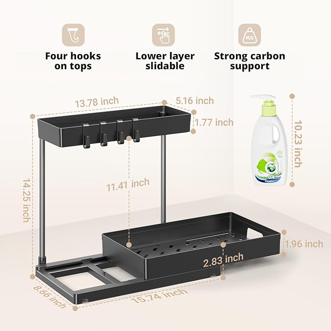 2 Pack Under Sink Organizers and Storage, 2 Tier L-Shape Pull Out Under Cabinet Organizer, Black Under Bathroom Kitchen Sink Organizer with Drawer for Under Counter Storage Organizer
