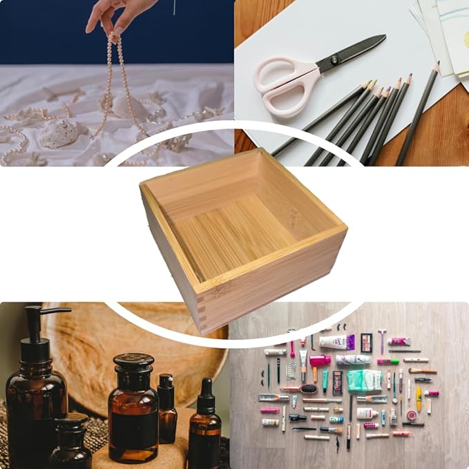 Bamboo drawer organizer Kitchen Utensil Organizer Cutlery Box for Dresser Makeup Tool Office Desk Supplies Storage and Accessories 1pcs 4"x 4"x 2"