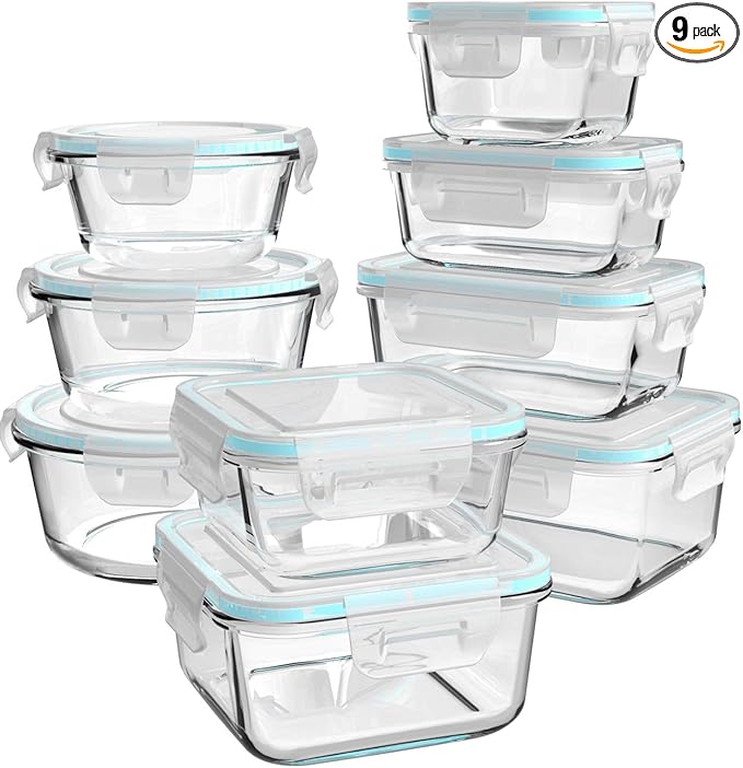 Glass Food Storage Containers with Lids, [18 Piece] Glass Meal Prep Containers, Containers for Food Storage with Lids, BPA Free & Leak Proof (9 Lid & 9 Container)