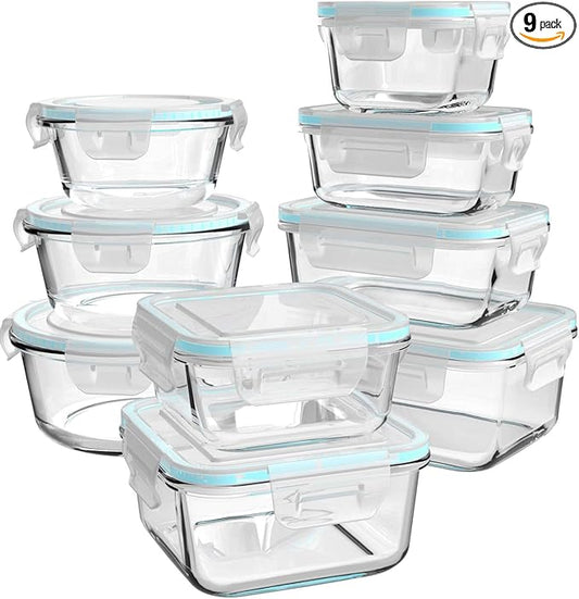 Glass Food Storage Containers with Lids, [18 Piece] Glass Meal Prep Containers, Containers for Food Storage with Lids, BPA Free & Leak Proof (9 Lid & 9 Container)