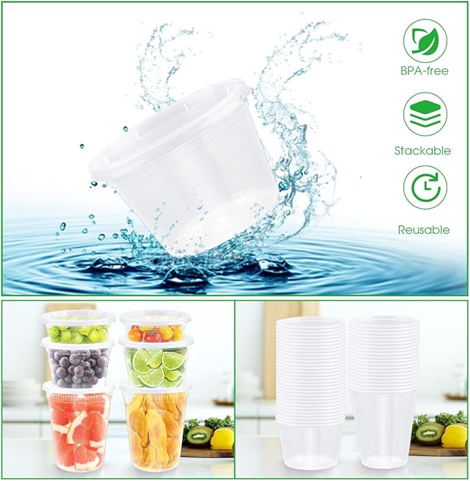 [50 Pack, 8oz, 16oz, 32oz] Food Storage Containers with Lids, BPA-Free | Airtight | Stackable Plastic Deli Containers (Includes 10 Spoons & 10 Forks), Dishwasher, Microwave & Freezer Safe