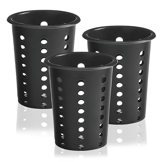 OCS Parts Perforated Utensil Drying Cups | Black | Set of 3 | Plastic Flatware Holder Cylinders for Kitchen Counter Organization