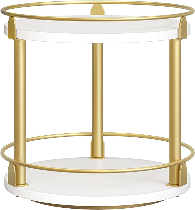 Lazy Susan Organizer, Rotating Spice Rack, 2 Tier Spice Turntable Organizer, Industrial Turntable Spice Holder, for Kitchen Countertop and Cabinet, Compact and Versatile, White and Gold SR22DW