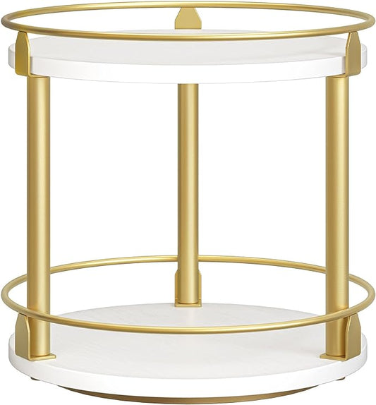 Lazy Susan Organizer, Rotating Spice Rack, 2 Tier Spice Turntable Organizer, Industrial Turntable Spice Holder, for Kitchen Countertop and Cabinet, Compact and Versatile, White and Gold SR22DW