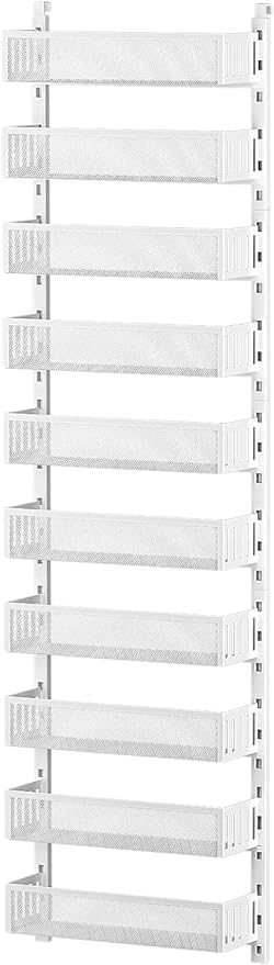 10-tier Over The Door Pantry Organizer with Mesh Baskets, Adjustable & Stable Hanging Spice Rack for Kitchen, Bathroom, Bedroom, and Baby Essentials Storage (16" W 10-Tiers, White)