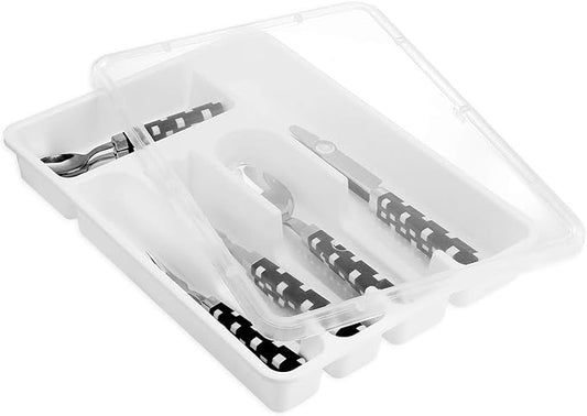 Flatware Tray with Lid, Plastic Camper Picnic Cutlery and Utensil Drawer Organizer, Kitchen Silverware Storage Container with Cover, White