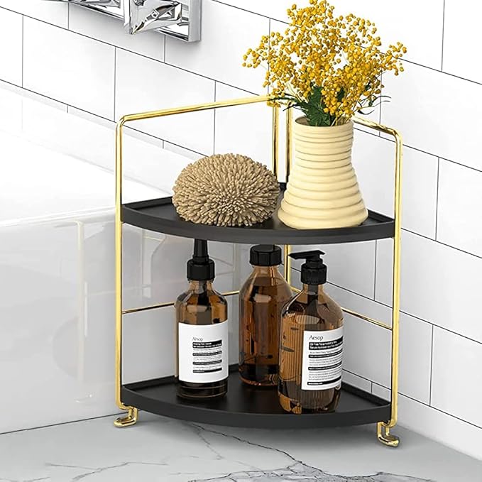 Kitchen Spice Rack Standing Shelf, 2-Tier Corner Storage Shelf, Bathroom Countertop Organizer, Vanity Tray Cosmetic & Makeup Storage,Gold&Black