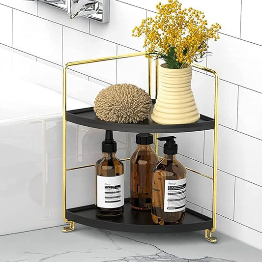 Kitchen Spice Rack Standing Shelf, 2-Tier Corner Storage Shelf, Bathroom Countertop Organizer, Vanity Tray Cosmetic & Makeup Storage,Gold&Black