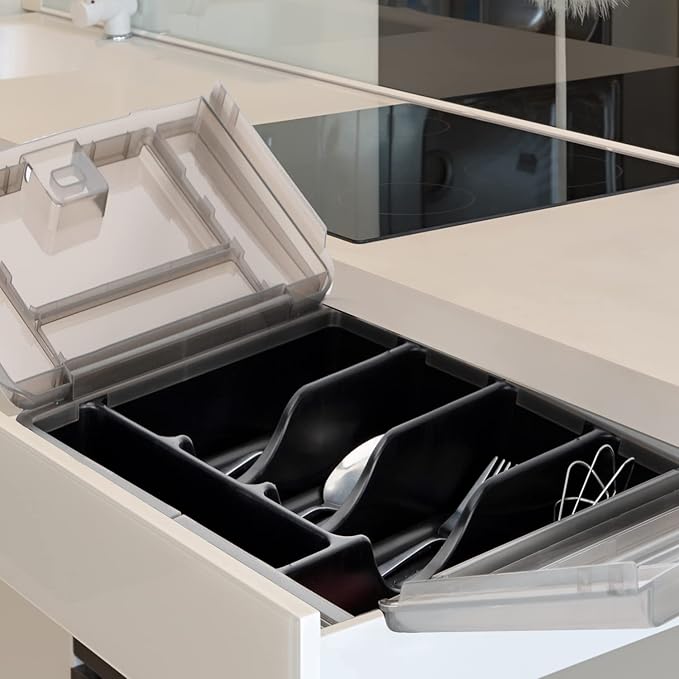 Silverware Organizer with Cover, Portable Cutlery Holder Flatware Tray with Lid Plastic Silverware Storage Box 5 Compartments for Kitchen Drawer (black)