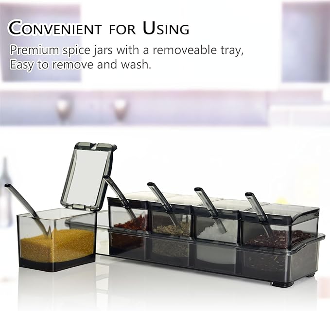 V·RESOURCING Clear Seasoning Box, 5 Pieces Clear Seasoning Storage Container for Spice Salt Sugar Cruet,Condiment Jars with Spoons