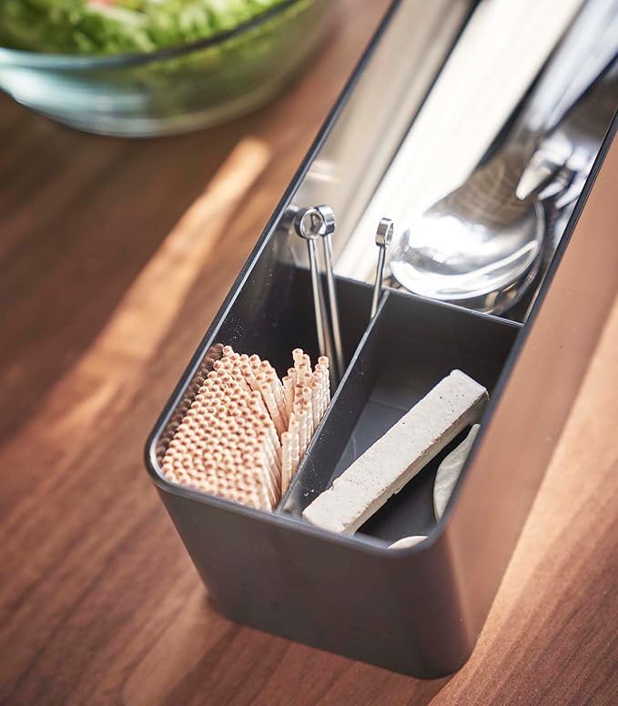 Yamazaki Home Rin Utensil Case Knife Fork Spoon Silverware Cutlery Holder With Divider, Portable For Kitchen Counter Or Table - Plastic + Wood
