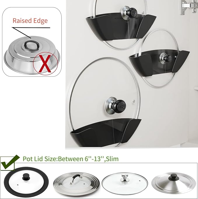 Pot Lid Organizer - 2 Pack Universal Pan Lid Holder, Self Adhesive, Wall Mount, Cabinet Door Top Storage Rack, Fits 6" to 13"