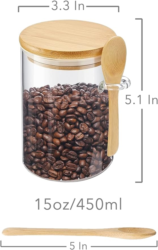 Coffee Sugar Container Salts Jars - 15oz Glass Airtight Caning with Bamboo Lids and Spoons Scoop, Storage Overnight Oats, Spice, Creamer, Food Organizer, Set of 3