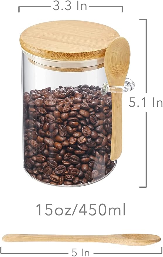 Sugar Jar Glass Salt Container,15 Ounces Clear Airtight Caning with Bamboo Lid and Spoon Scoop, Storage Overnight Oats, Salts, Coffee Bean, Spice, Creamer, Food Organizer, Pack of 1