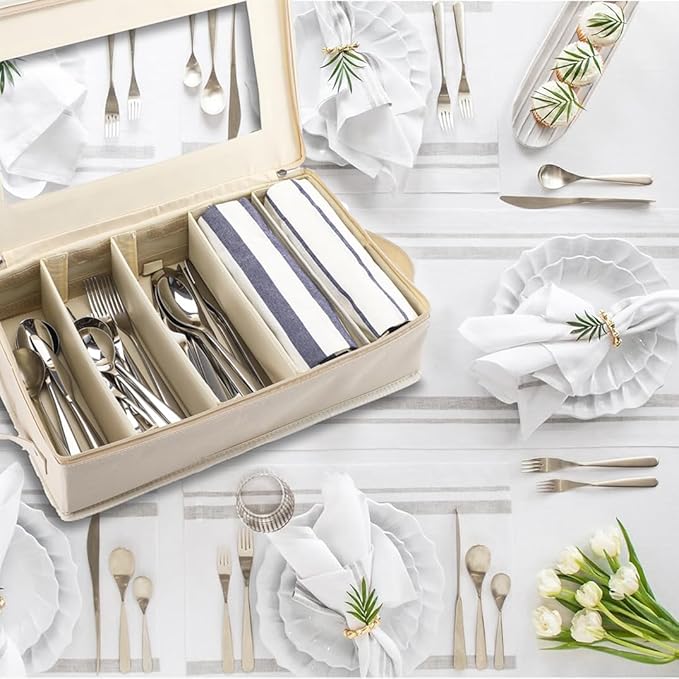 Flatware Utensil Storage Case, Beige Large Capacity Silverware Storage Box Chest with Adjustable Dividers, Removable Cutlery Storage Holder with Zipper Lid for Organizing Spoon/Flatware/Knives