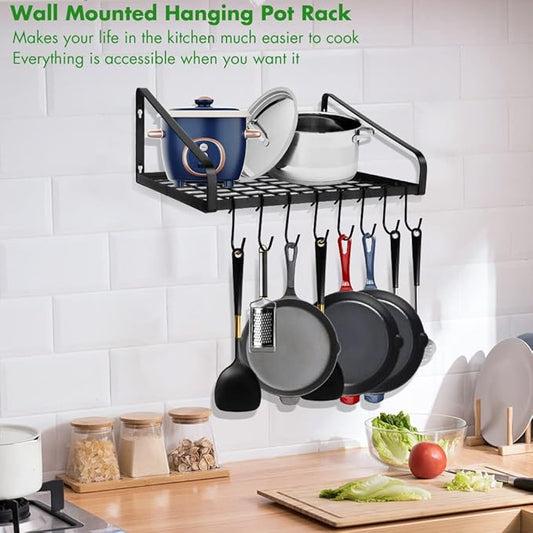 Hanging Pots & Pans Rack,Wall Mounted Pots Pans Organizer Holder Rack with 8 Hooks, Kitchen Wall Storage Organizer Hanger Shelves for Pans Set, Utensils, Cookware, Books, Household,Black
