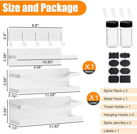 Magnetic Spice Rack for Refrigerator, 4 Pack Heavy Duty Metal Strong Magnetic Fridge Shelf with Magnet Paper Towel Holder, Hook Rack, 2 Spice Jars with Label, Space Saving, White