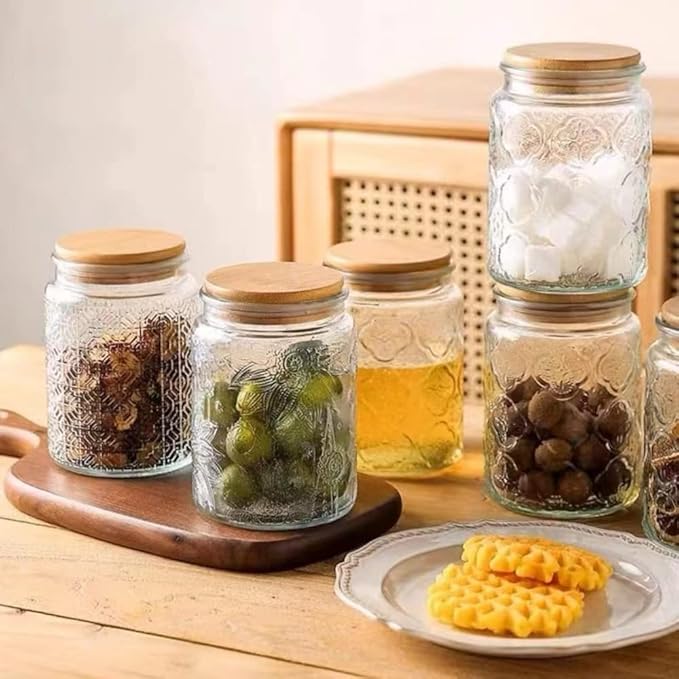 ANSQU Set of 2 Vintage Glass Jars, 23.7 FL OZ Candy Jars with Lids, Sugar Container Mason Jars for Home Kitchen Pantry, Cute Jar (Daisy & Sunflower)