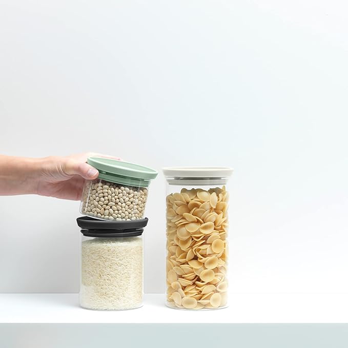 Brabantia 3pc Stackable Glass Food Jars (Mixed Colors) 0.08 + 0.16 + 0.3 Gal Heat-Safe, Dishwasher-Safe, Air-Tight Pantry Organizers
