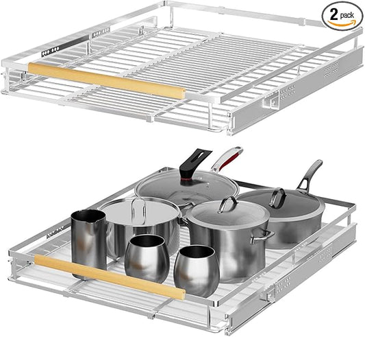 Pull Out Cabinet Organizer,2 Packs of Expandable Slide Out Cabinet Drawer D:22.2” x W:16.9”-28”,Heavy Duty Stainless Steel Gliding Cupboard Shelf for Kitchen Cabinet Pantry Under Sink or Closet
