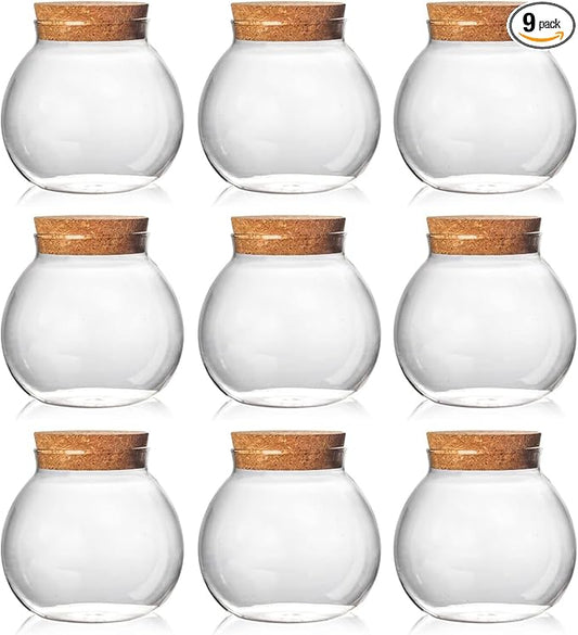 Set of 9 round glass jars with cork lid – 17oz wedding candy jar kitchen jar, perfect for tea, biscuits, cereals, flour, beans, spices, coffee beans etc (9PCS)