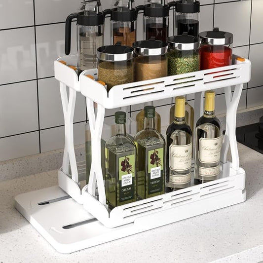Set of 2 Sliding Spice Rack Organizers - Pull & Rotate Seasoning Storage for Cabinets, Slide-Out 2-Tier Kitchen Shelves with Non-Slip Base (11.8"" D x 6.5"" W x 8.5"" H), General, White