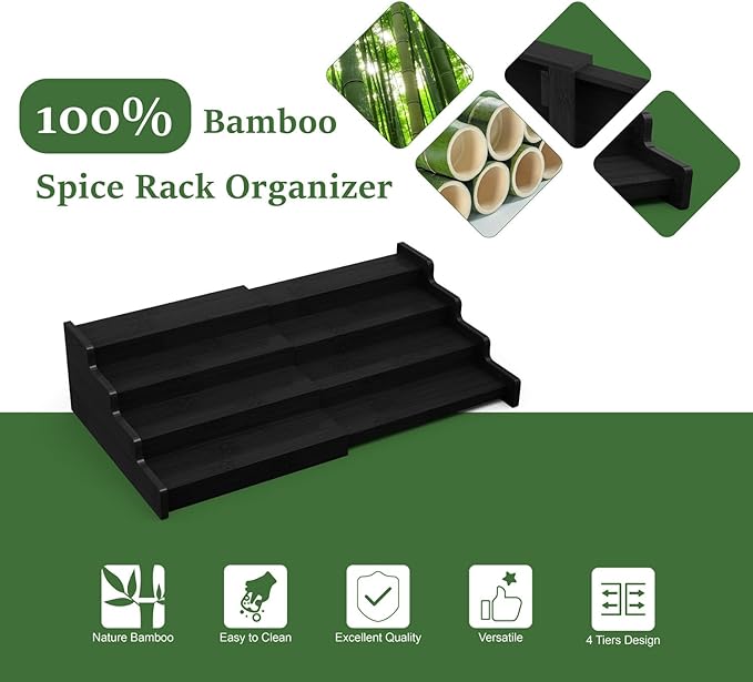 Spice Rack Organizer for Expandable 4-Tier, 2 Pack Adjustable Bamboo Spice Storage for Kitchen Cabinet, Pantry and Countertop Organization, Black