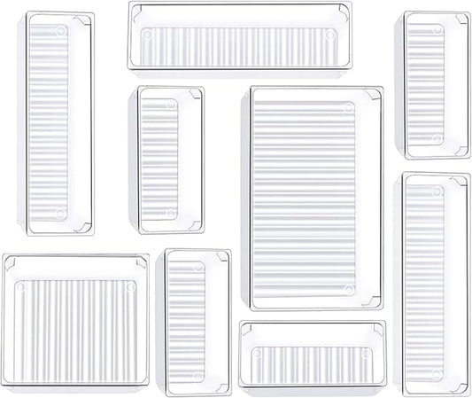 Kootek 9 Pcs Drawer Organizer Set, 4-Size Bathroom Vanity Trays Makeup Desk Dividers Versatile Storage Bins Clear Plastic Container for Dresser, Bedroom, Kitchen, Office