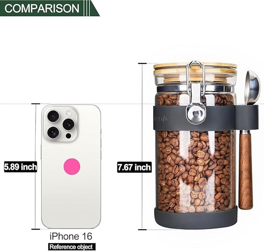 KKC HOME ACCENTS Airtight Clear Glass Coffee Bean Storage Containers with Scoop,Glass Coffee Bean Jar Canister with Bamboo Clamp Lid for Ground Coffee,Loose Leaf Tea, Nut,Sugar,40 Fluid Ounce