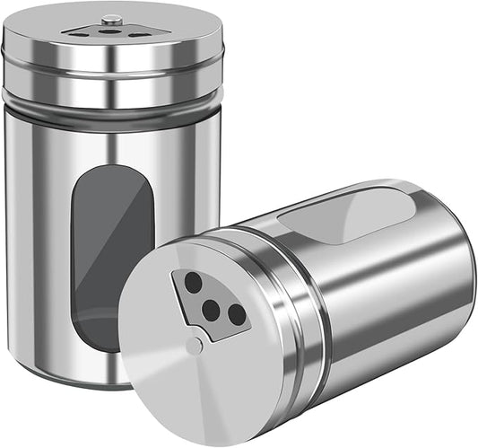 2 PCS Stainless Steel Salt and Pepper Shakers with Adjustable Pour Holes – Elegant Glass and Metal Spice Shakers for Coarse, Kosher, Sugar, Cinnamon, and Spices