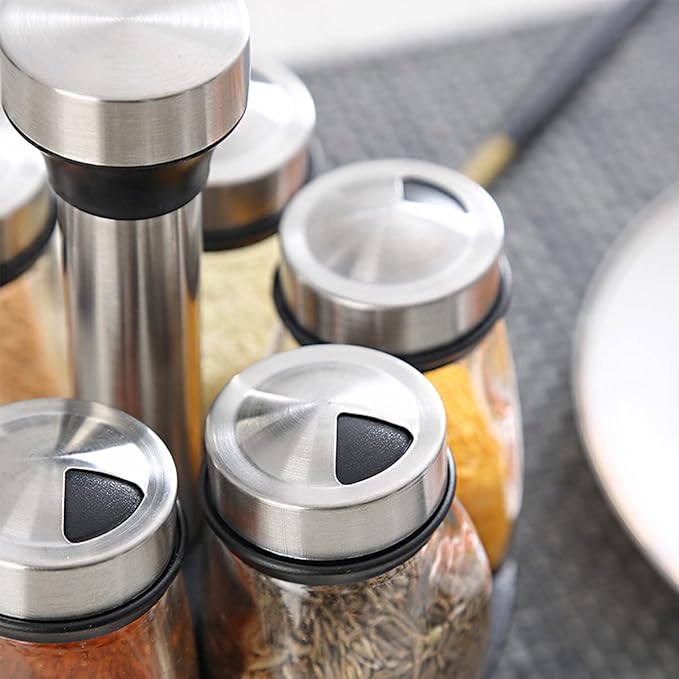 Revolving Spice Rack, 6-Jar Seasoning Organizer Holder 360° Rotation Shelf Tower Set with 6 Glass Spice Refill Containers Jars for Cabinet Countertop Kitchen Cooking (Spices Not Included)