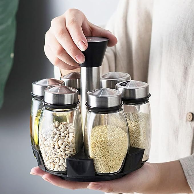 Revolving Spice Rack, 6-Jar Seasoning Organizer Holder 360° Rotation Shelf Tower Set with 6 Glass Spice Refill Containers Jars for Cabinet Countertop Kitchen Cooking (Spices Not Included)