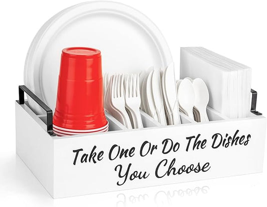 Paper Plate Organizer for Countertop, Utensil Caddy with 6 Compartments for Paper Plates, Cups and Napkins (White)