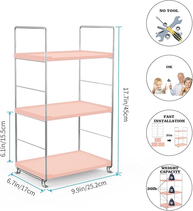 Cosmetic Storage Rack for Bathroom Countertop, 3-Tier Standing Shelf for Kitchen Organizer, Stackage Perfume and Bath Collection Organizer Tray (Pink&Silver)
