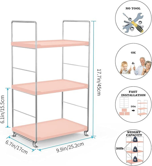 Cosmetic Storage Rack for Bathroom Countertop, 3-Tier Standing Shelf for Kitchen Organizer, Stackage Perfume and Bath Collection Organizer Tray (Pink&Silver)