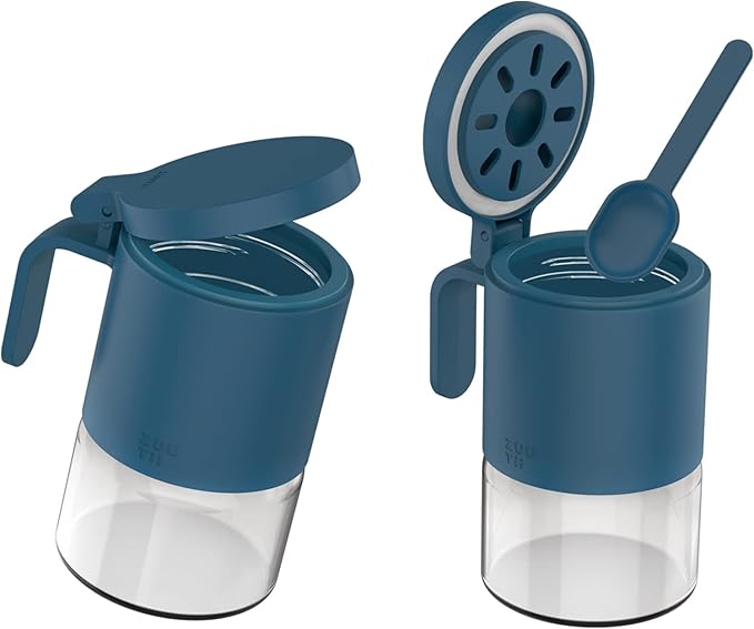 Zuutii Glass Spice Jars Moisture-Proof Spice Containers with Spoons, Set of 2 10oz/300ml Spice Bottles, Mini Seasoning Storage Jars with Flapper Caps for Salt, Sugar, Peppers, Chili in Kitchen Blue