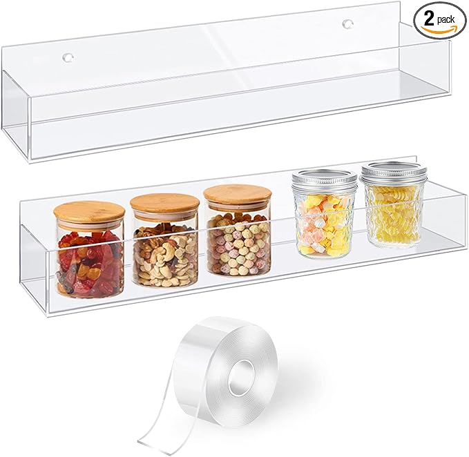 VAEHOLD Adhesive Acrylic Spice Rack with Nano Double Sided Tape Wall Mount Organizer Clear Wall Spice Rack With Shelf Ends for Kitchen Cabinet Door - 2 Pack 12‘’ Shelves