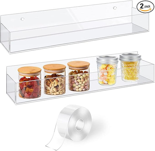 VAEHOLD Adhesive Acrylic Spice Rack with Nano Double Sided Tape Wall Mount Organizer Clear Wall Spice Rack With Shelf Ends for Kitchen Cabinet Door - 2 Pack 12‘’ Shelves