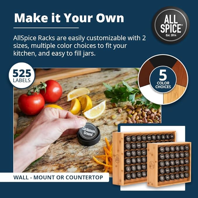 AllSpice Wood Spice Rack Organizer, 525 Unique Labels, Countertop or Wall Mount, Includes 60 4oz Jars- Bamboo
