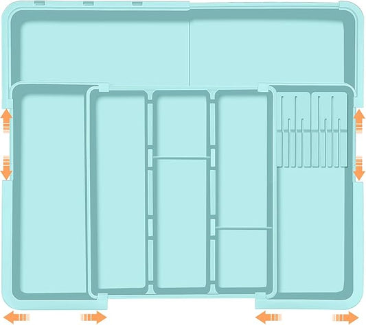 Utensil Drawer Organizer for Kitchen, Expandable Silverware Organizer Cooking Utensils Tray, Large Cutlery and Flatware Holder, Kitchen Tools & Gadgets Storage (Turquoise)